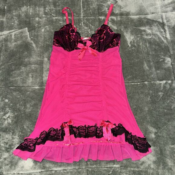Flora Pink & Black Sheer Babydoll Lingerie Slip Dress Women's S/M Coquette Y2K - Picture 8 of 9